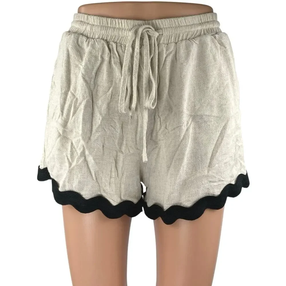 Anniewear Women's Beige Black Scalloped Hem Drawstring Lounge Shorts Size S